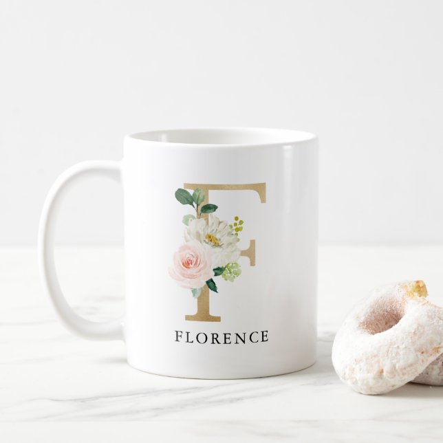 Blush Pink Floral & Gold Letter F Monogram Coffee Mug (With Donut)