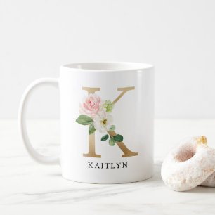 Blush Pink Floral & Gold Letter K Monogram Coffee Mug