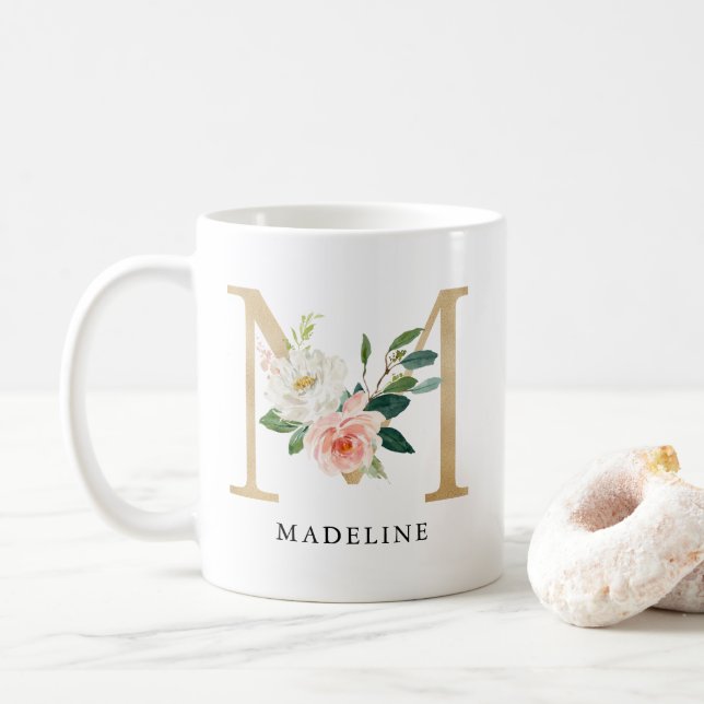 Blush Pink Floral & Gold Letter M Monogram Coffee Mug (With Donut)