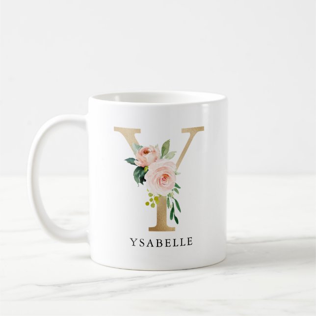 Blush Pink Floral & Gold Letter Y Monogram Coffee Mug (Left)