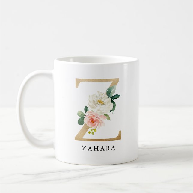 Blush Pink Floral & Gold Letter Z Monogram Coffee Mug (Left)