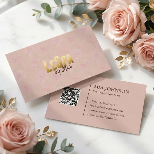 Blush Pink Floral Gold Logo Spa Beauty Business Card