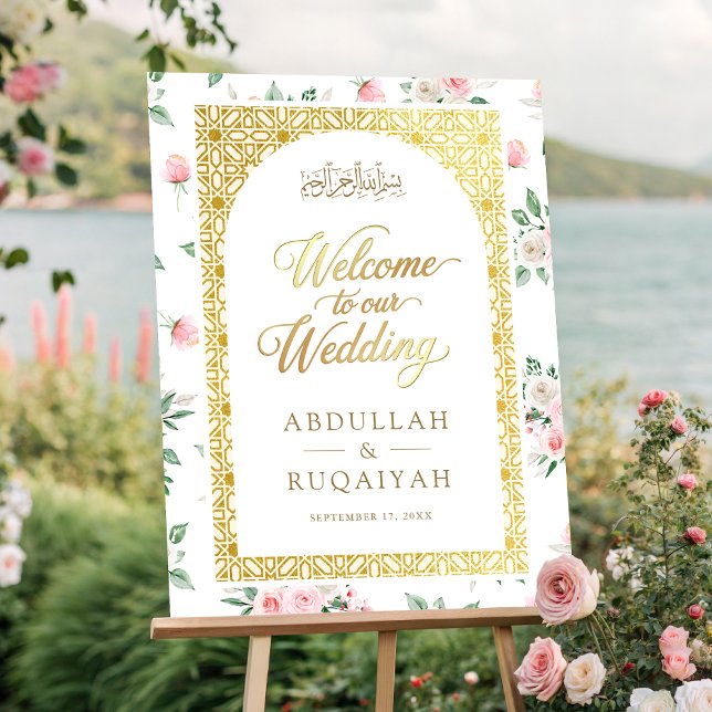 Blush Pink Floral Gold Muslim Wedding Welcome Sign (Creator Uploaded)