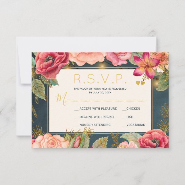 Blush pink floral gold navy elegant wedding rsvp (Front)