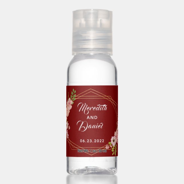 Blush Pink Floral Gold  on Cranberry  Hand Sanitizer (Front)