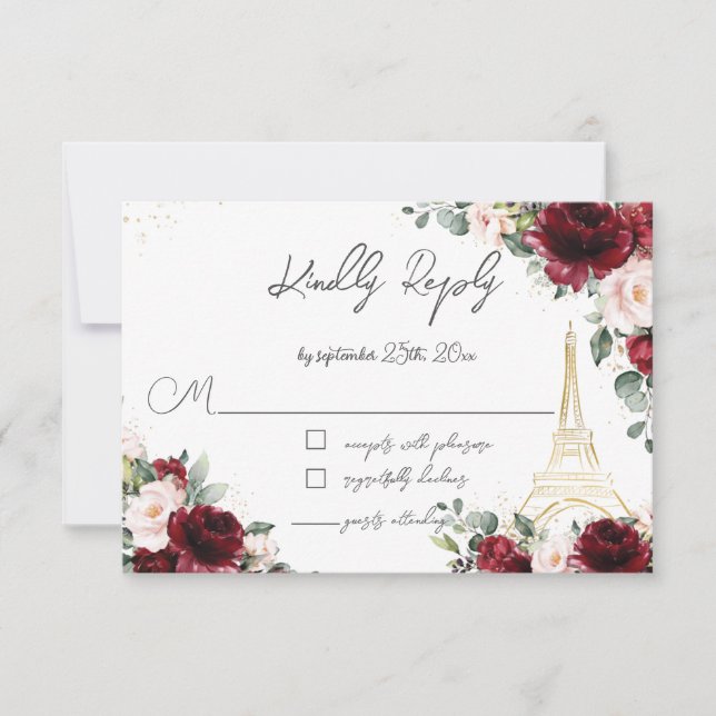 Blush Pink Floral Gold Paris Eiffel Quinceañera  RSVP Card (Front)