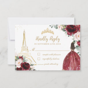 Blush Pink Floral Gold Paris Princess Quinceañera RSVP Card