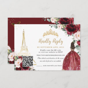 Blush Pink Floral Gold Paris Quinceañera QR Code RSVP Card