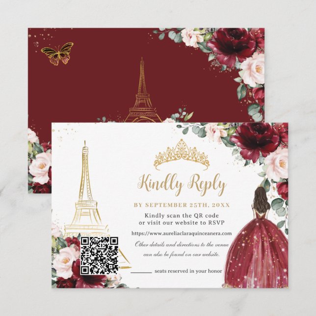 Blush Pink Floral Gold Paris Quinceañera QR Code RSVP Card (Front/Back)
