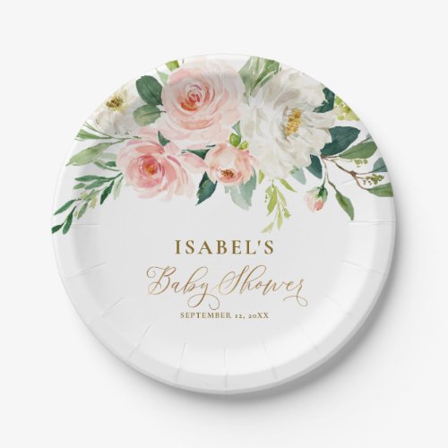 Blush Pink Floral  Gold Personalized Baby Shower Paper Plates