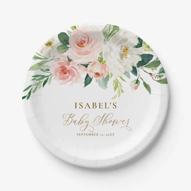 Blush Pink Floral & Gold Personalized Baby Shower Paper Plates | Zazzle