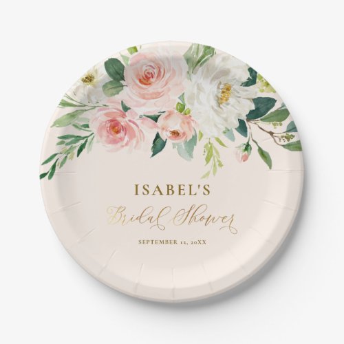 Blush Pink Floral Gold Personalized Bridal Shower Paper Plates