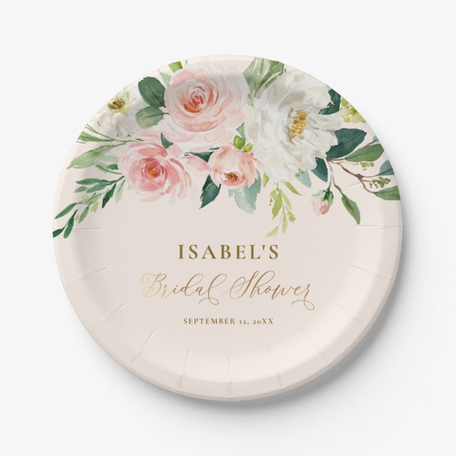 Blush Pink Floral Gold Personalized Bridal Shower Paper Plates (Front)