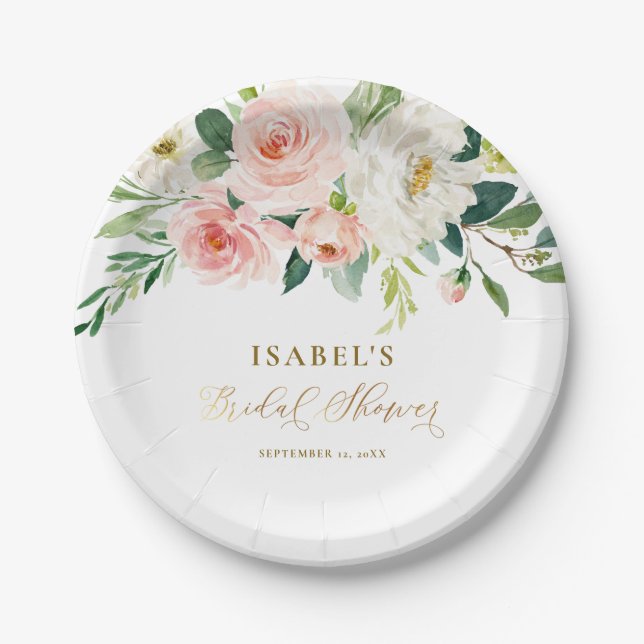 Blush Pink Floral Gold Personalized Bridal Shower Paper Plates (Front)