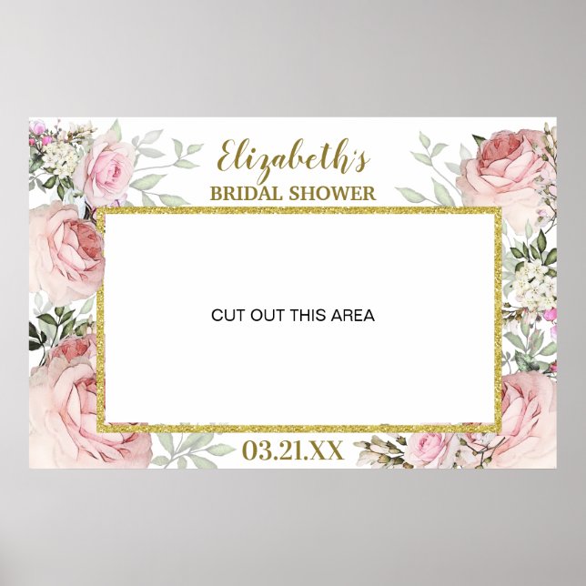Blush Pink Floral Gold Photo Booth Frame Prop Poster (Front)