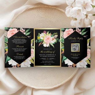Blush Pink Floral Gold QR Code Black Wedding Tri-Fold Invitation