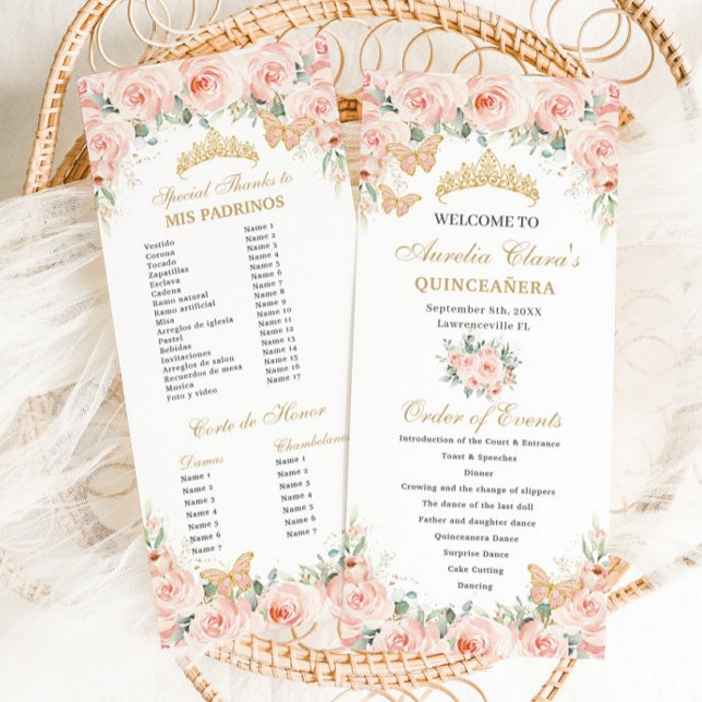Blush Pink Floral Gold Quinceañera Order of Events Program (Creator Uploaded)
