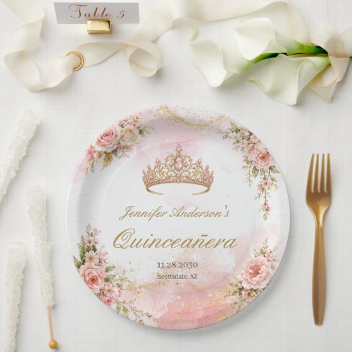 Blush Pink Floral Gold Quinceañera  Paper Plates