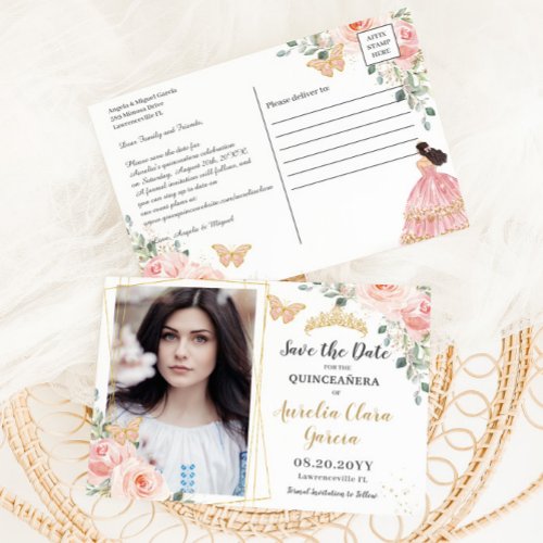  Blush Pink Floral Gold Quinceanera Save the Date Announcement Postcard