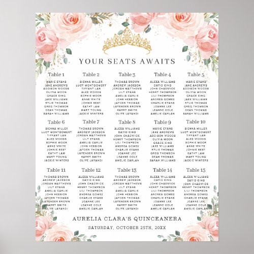 Blush Pink Floral Gold Quinceaera Seating Chart 