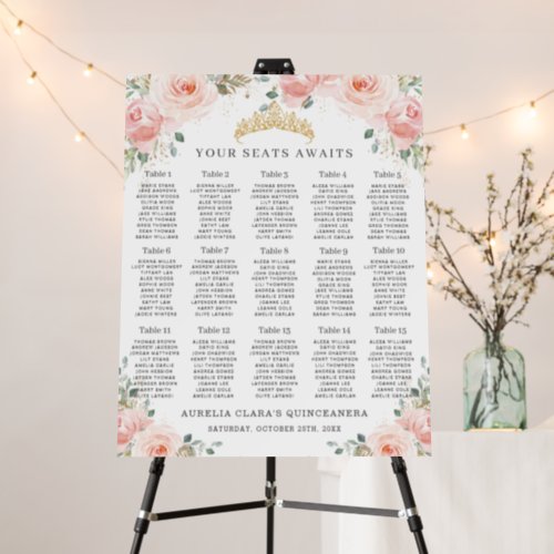 Blush Pink Floral Gold Quinceaera Seating Chart  Foam Board