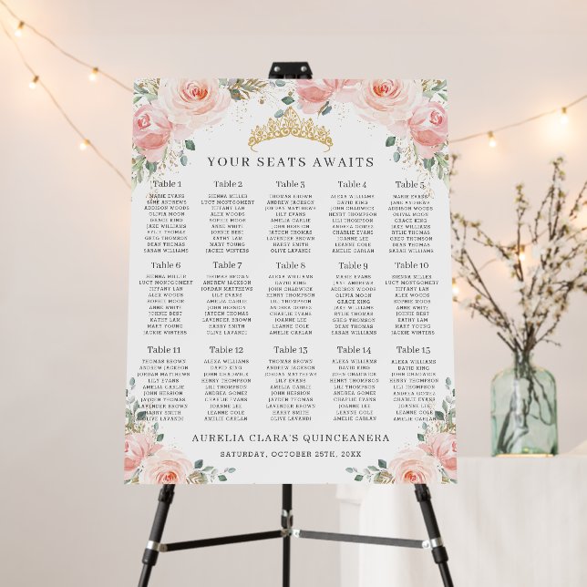 Blush Pink Floral Gold Quinceañera Seating Chart  Foam Board (In Situ (Stand))