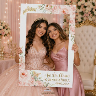 Blush Pink Floral Gold Quinceanera Sweet 16 Selfie Frame