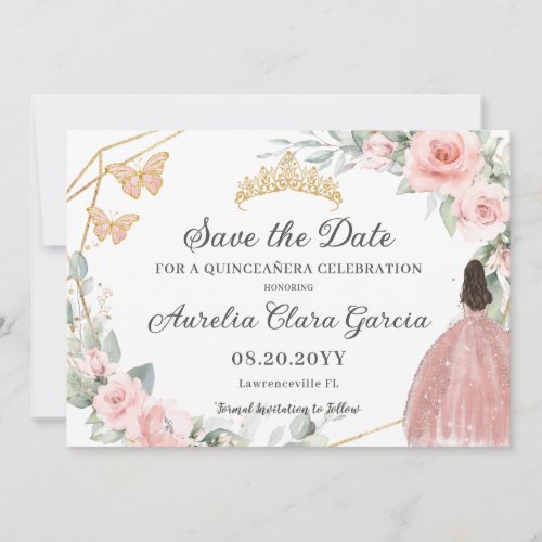 Blush Pink Floral Gold Quinceaera Sweet Sixteen Save The Date