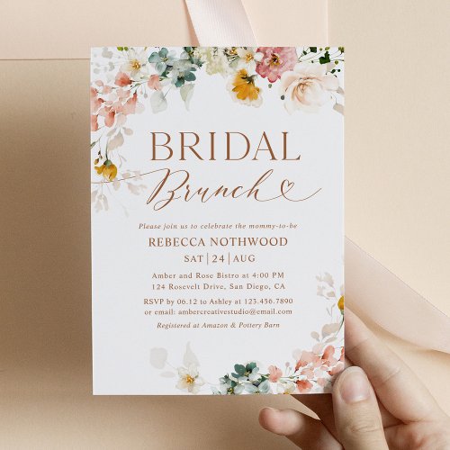 Blush Pink Floral Gold Script Bridal Brunch Invitation