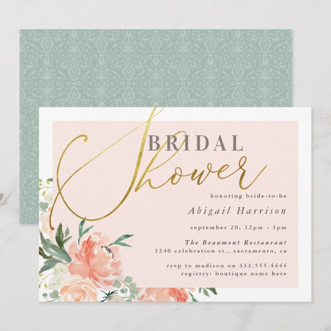 Blush Pink Floral Gold Script Bridal Shower Invitation (Front/Back)