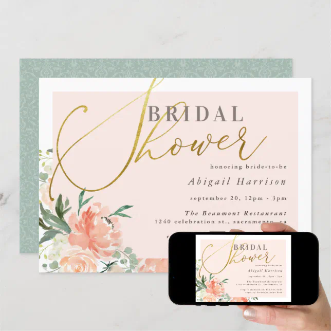 Blush Pink Floral Gold Script Bridal Shower Invitation Zazzle