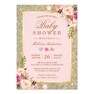 Blush Pink Floral Gold Sparkles Baby Shower Card