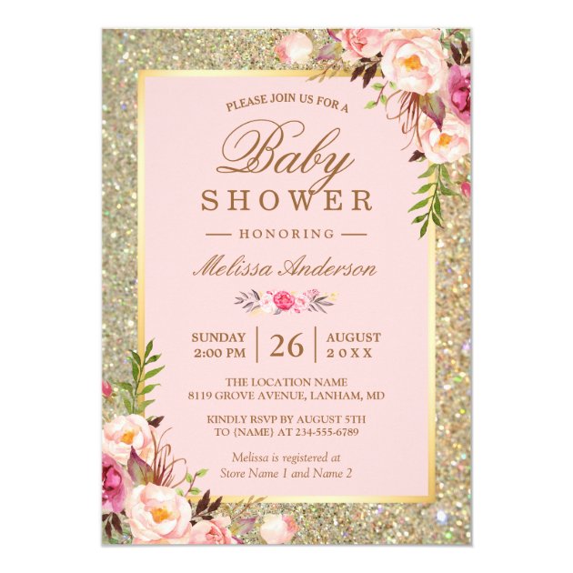 Blush Pink Floral Gold Sparkles Baby Shower Card (front side)