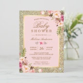 Blush Pink Floral Gold Sparkles Baby Shower Invitation (Standing Front)