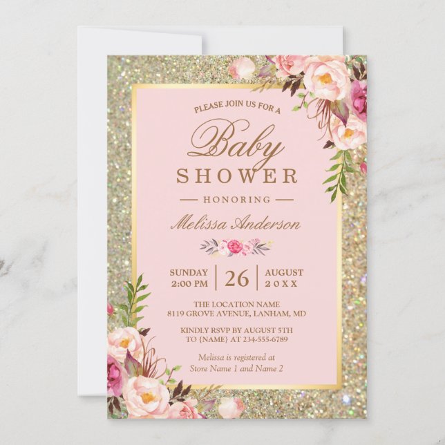 Blush Pink Floral Gold Sparkles Baby Shower Invitation (Front)