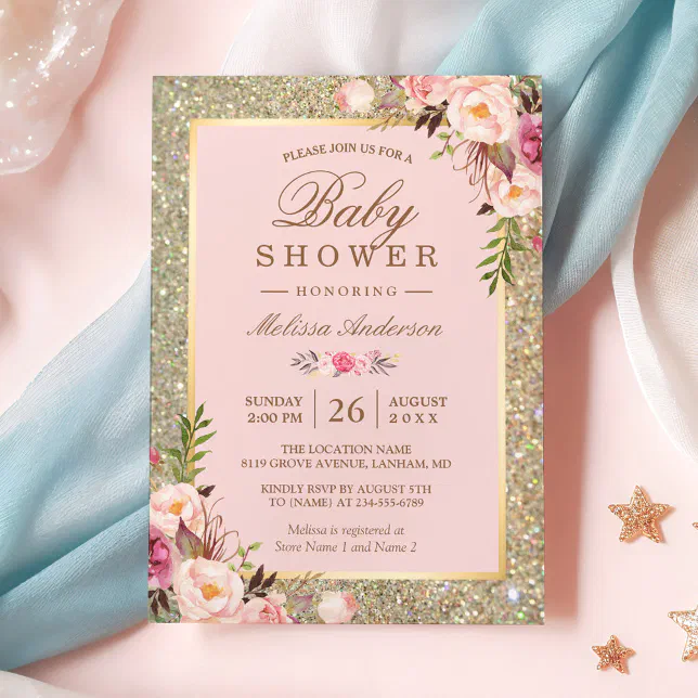 Blush Pink Floral Gold Sparkles Baby Shower Invitation | Zazzle