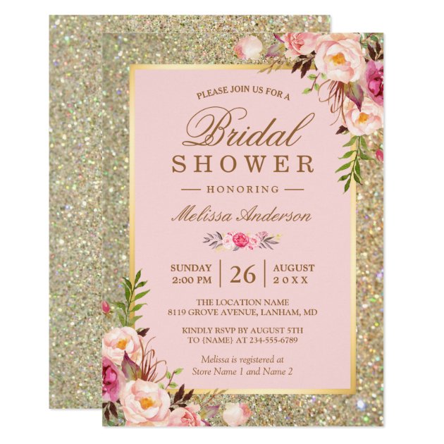 Blush Pink Floral Gold Sparkles Bridal Shower Invitation