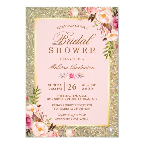 Blush Pink Floral Gold Sparkles Bridal Shower Card
