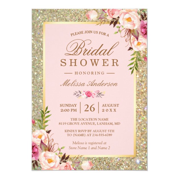 Blush Pink Floral Gold Sparkles Bridal Shower Card