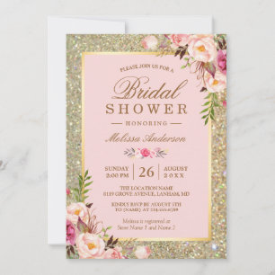 Blush Pink Floral Gold Sparkles Bridal Shower Invitation