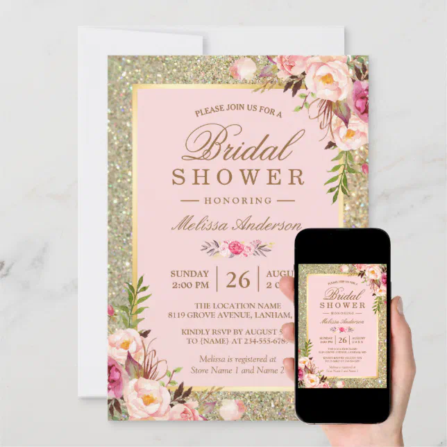 Blush Pink Floral Gold Sparkles Bridal Shower Invitation Zazzle