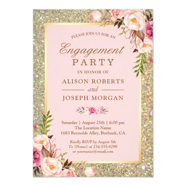 Blush Pink Floral Gold Sparkles Engagement Party Invitation