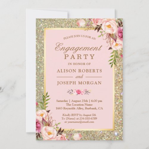 Blush Pink Floral Gold Sparkles Engagement Party Invitation