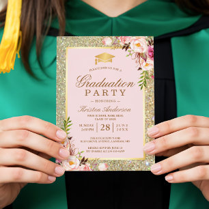 Blush Pink Floral Gold Sparkles Graduation Party Invitation