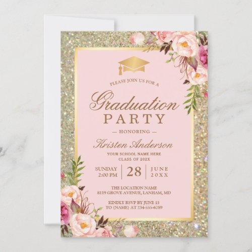 Blush Pink Floral Gold Sparkles Graduation Party Invitation