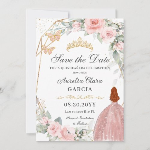 Blush Pink Floral Gold Sweet Sixteen QUINCEAERA Save The Date