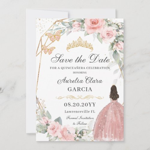 Blush Pink Floral Gold Sweet Sixteen QUINCEAERA Save The Date