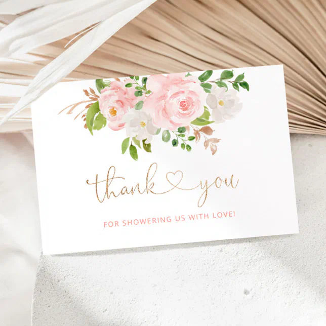 Blush pink floral gold thank you card | Zazzle