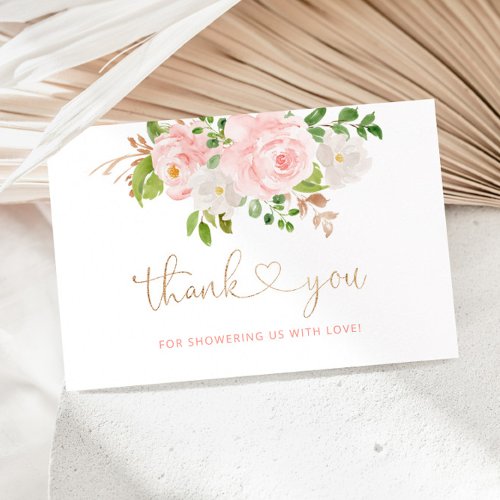 Blush pink floral gold thank you card