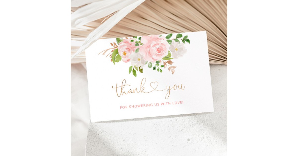 Blush pink floral gold thank you card | Zazzle